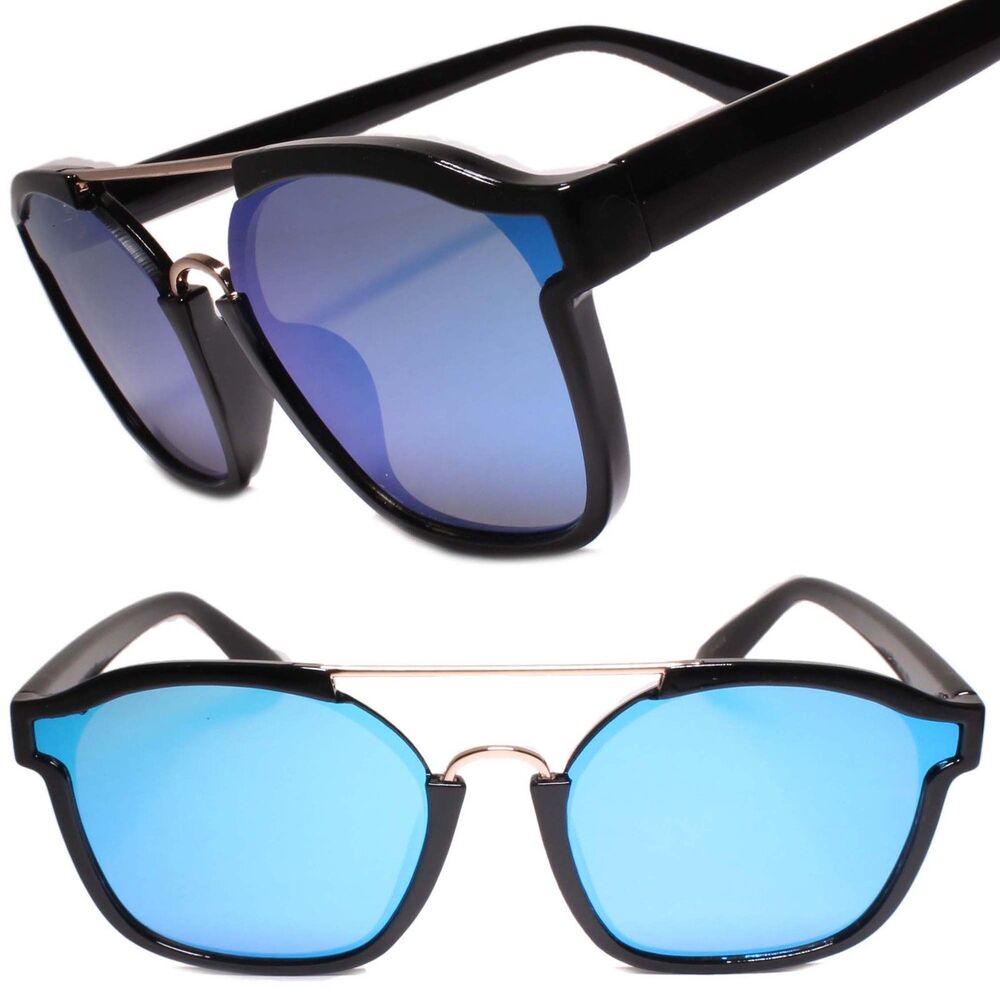 Retro Style Unique Mens Womens Sun Glasses Square Black Frame Blue Mirrored Lens